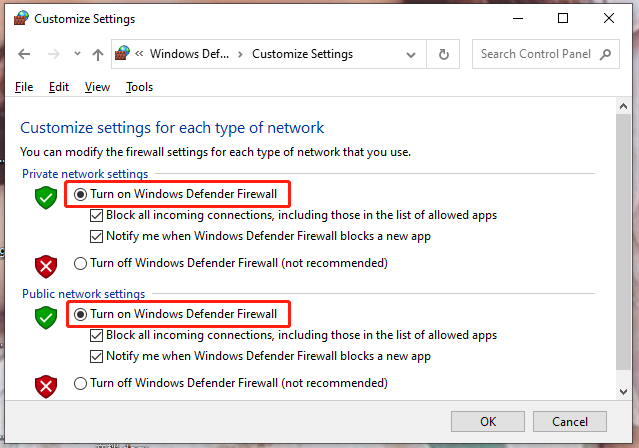   lülitage sisse Windows Defenderi tulemüür