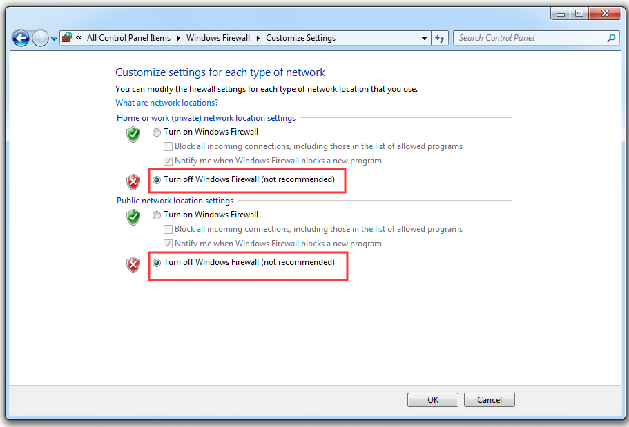 disattivare Windows Firewall in Windows 7