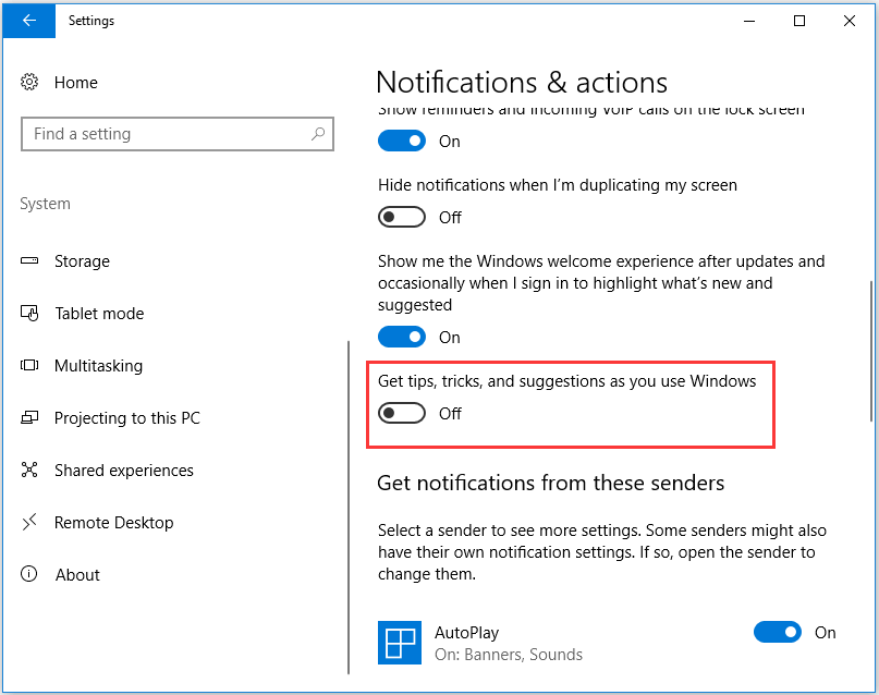 poista käytöstä Hanki vinkkejä, vihjeitä ja ehdotuksia, kun käytät Windowsia