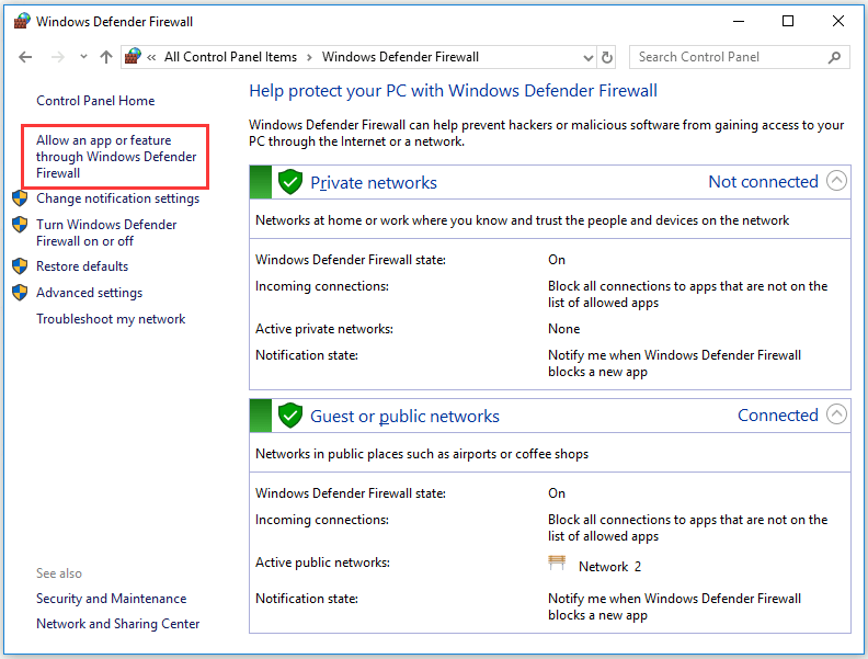 επιτρέψτε μια εφαρμογή μέσω του τείχους προστασίας του Windows Defender