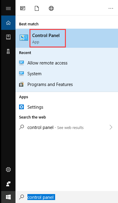 digite o Painel de Controle na caixa de pesquisa do Windows para executar