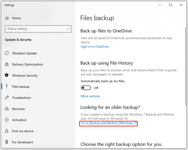   clique em Ir para Backup e Restauração (Windows 7)
