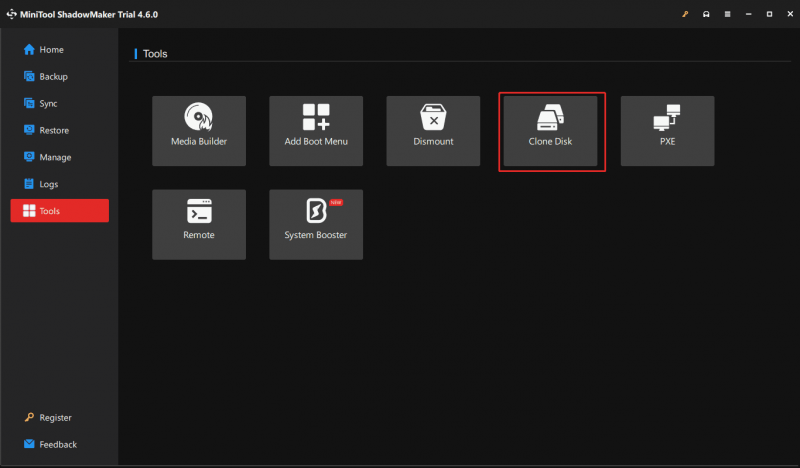   clique em Clonar disco em Ferramentas no MiniTool ShadowMaker