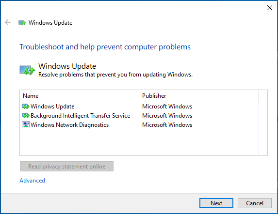 Poradce při potížích se službou Windows Update