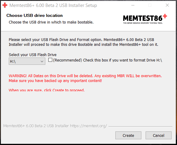 choisissez la clé USB Memtest 86+