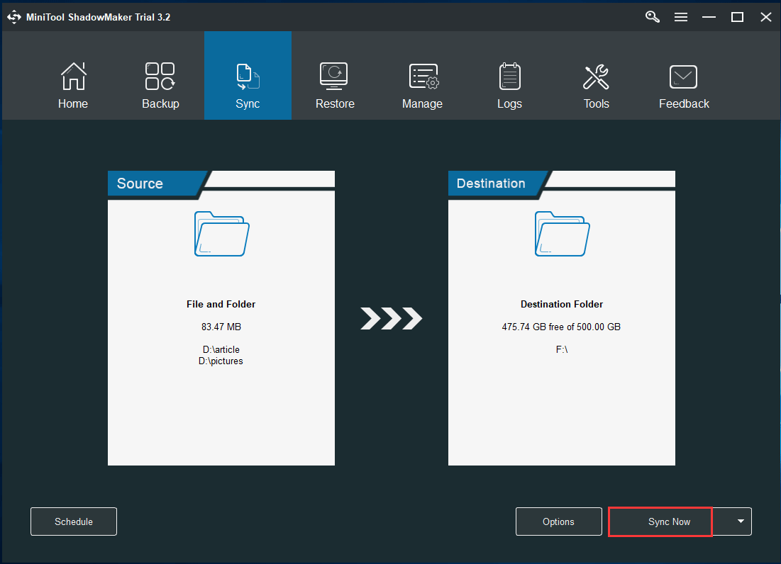 synkronisere filer med MiniTool ShadowMaker