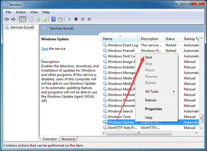 i-click ang Simulan upang muling simulan ang serbisyo sa Pag-update ng Windows