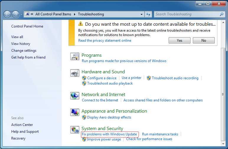 choisissez la résolution des problèmes avec Windows Update pour continuer