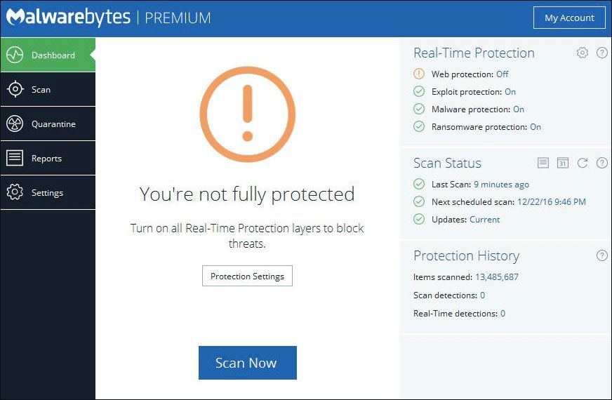 Malwarebytes Web Protection não liga