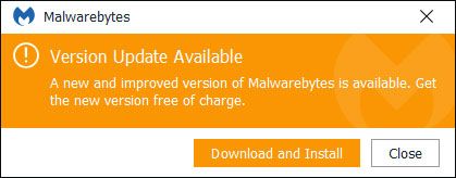 Malwarebytes solicita que você baixe e instale a versão de atualização