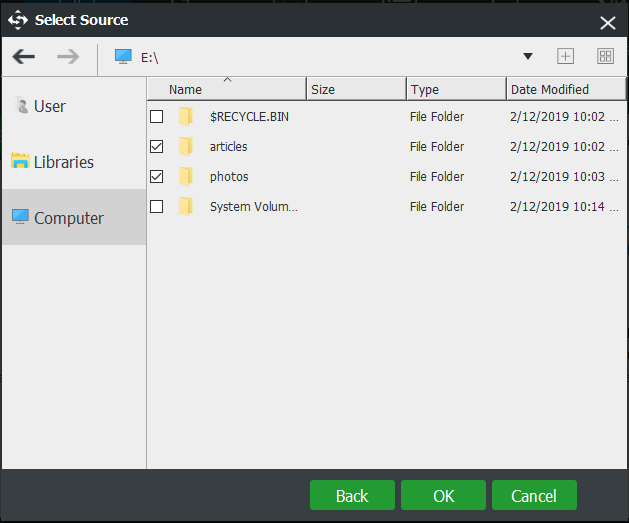 selezionare i file di cui eseguire il backup