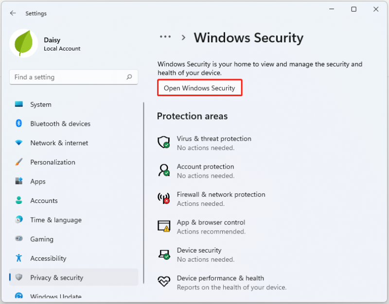   klik på Åbn Windows-sikkerhed
