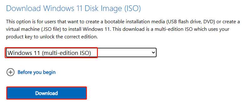   vælg den Windows 11-udgave, du vil downloade