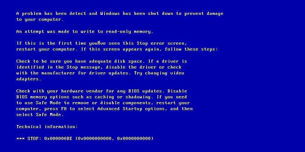 0x000000BE código de error de pantalla azul