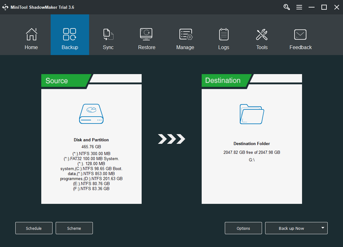 MiniTool ShadowMaker ile sabit sürücüyü yansıtma