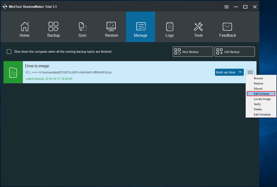 Klõpsake Windowsi varunduspildi kustutamiseks nuppu Redigeeri skeemi