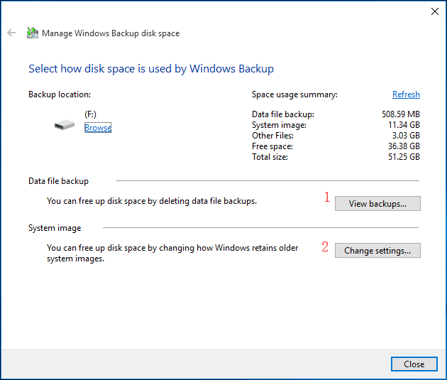 Administrer Window Backup disk space-vindu