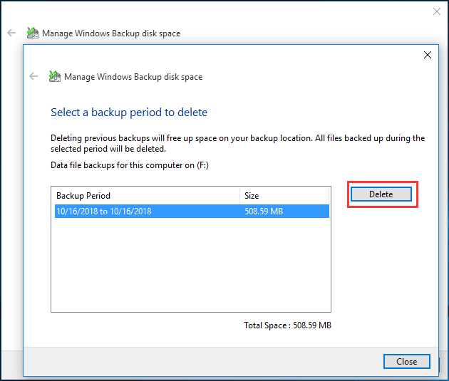 exclua os arquivos de backup clicando no botão visualizar backups