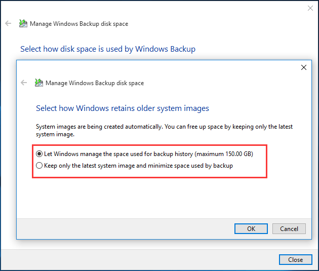 pilih bagaimana Windows mengekalkan gambar sistem yang lebih lama