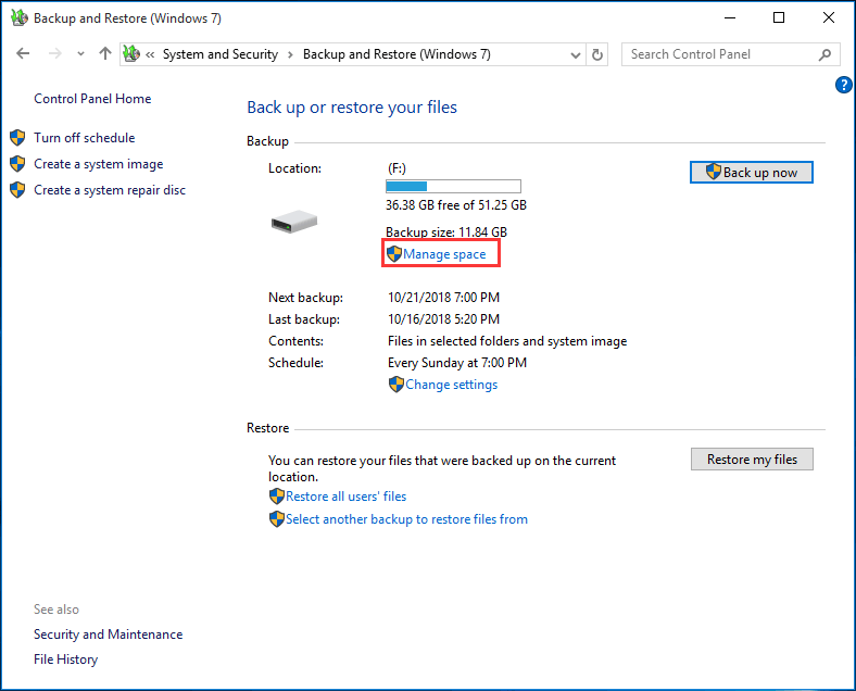 administrar el espacio del disco de respaldo de Windows con Backup and Restore