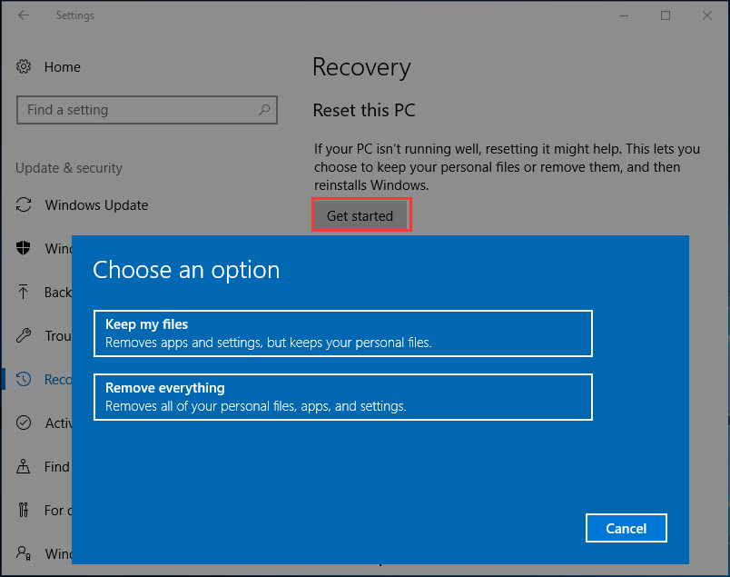 resetujte tento počítač v systému Windows 10