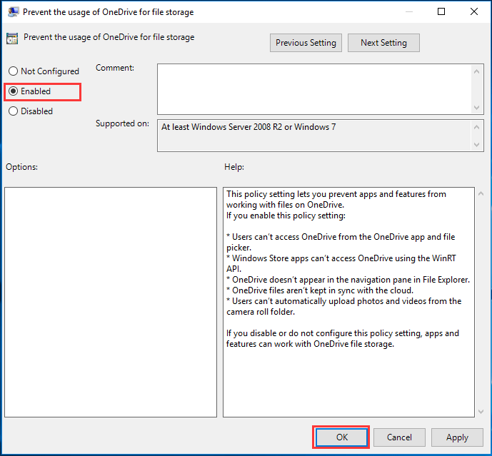 povolit zabránění použití OneDrive pro ukládání souborů