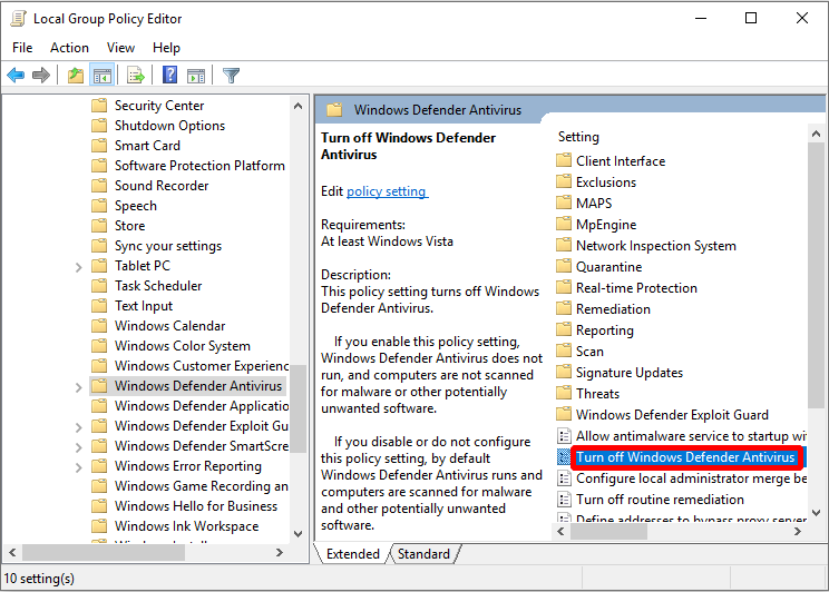 topeltklõpsake nuppu Lülita Windows Defender Antivirus välja
