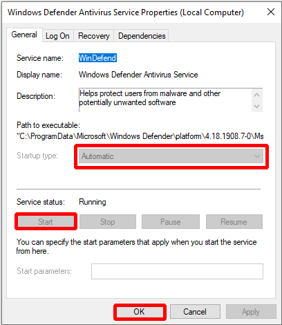 habilitar o serviço Windows Defender