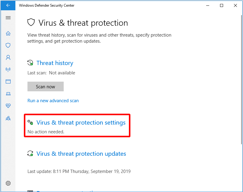 Fai clic su Impostazioni di protezione da virus e minacce
