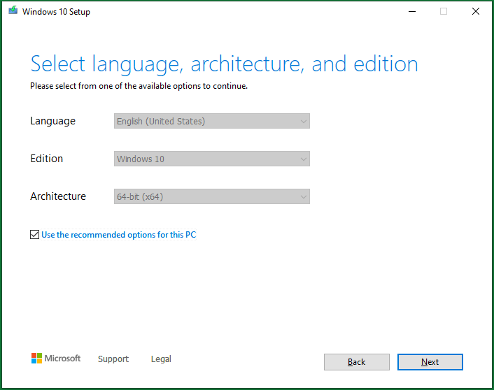 valitse Windows-median kieli, arkkitehtuuri ja painos