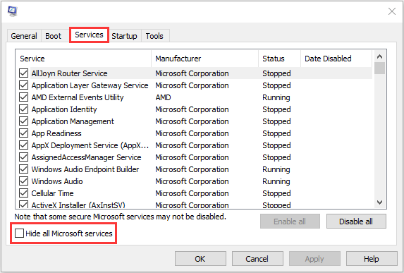 Tüm Microsoft hizmetlerini gizle kutusunu işaretleyin