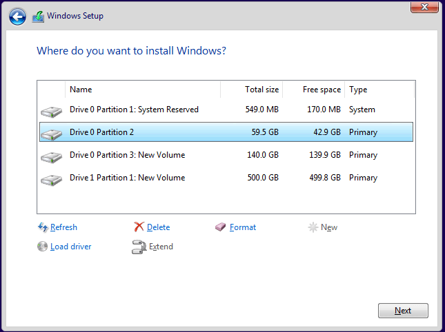 Windows를 설치할 드라이브 선택