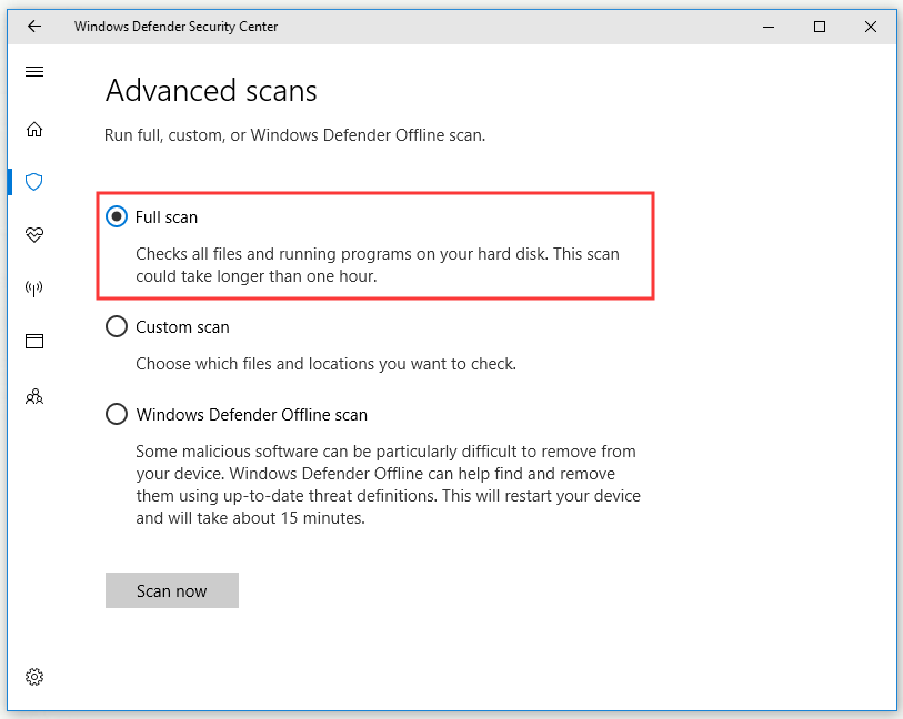 proveďte úplnou kontrolu pomocí programu Windows Defender