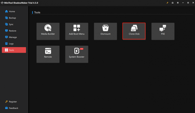   टूल्स अनुभाग में क्लोन डिस्क का चयन करें