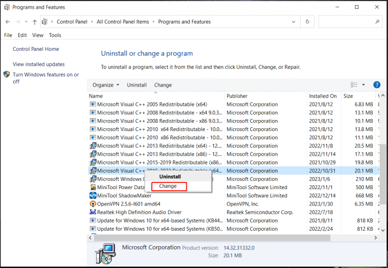   Microsoft Visual C++ na lista de programas
