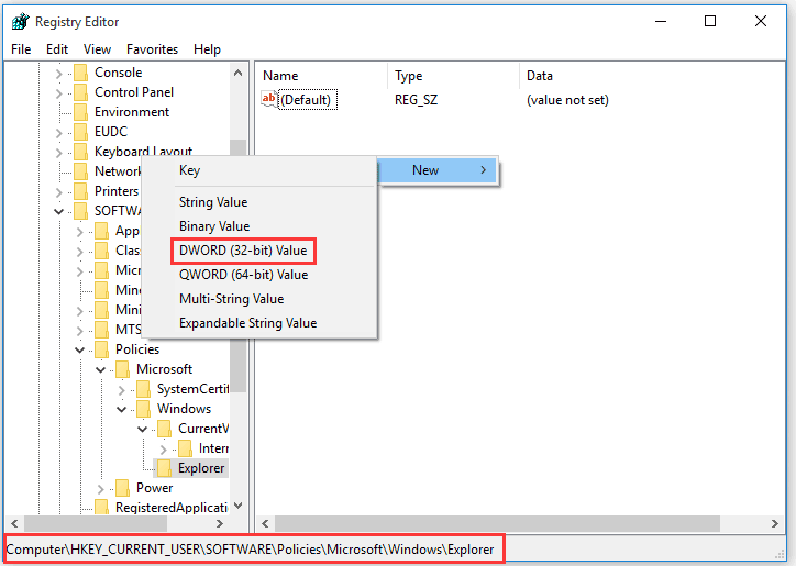   désactiver les notifications dans le registre Windows
