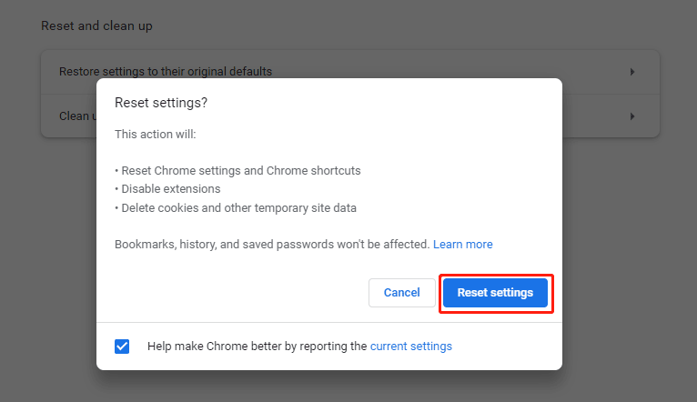   redefinir o Chrome para as configurações padrão