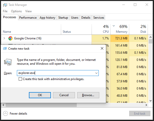   írja be az explorer.exe fájlt, és nyomja meg az Enter billentyűt a File Explorer újraindításához