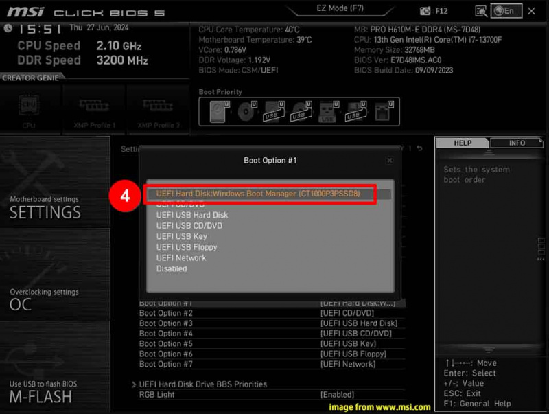   Velg oppstartsenhetstype i MSI BIOS -menyen