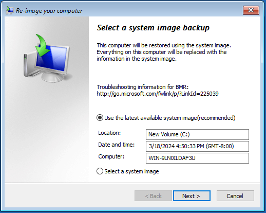   selecione um backup de imagem do sistema