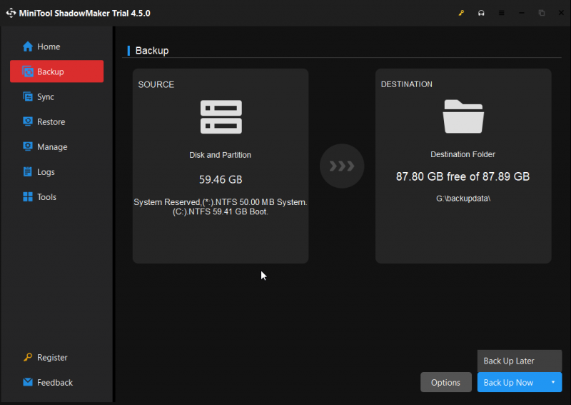   escolha Fazer backup agora ou Fazer backup mais tarde