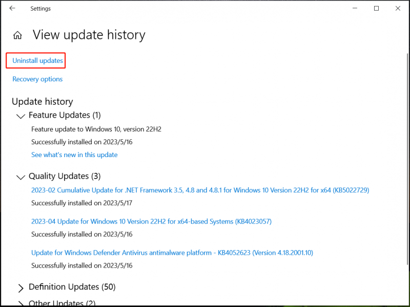   gỡ cài đặt các bản cập nhật Windows 10