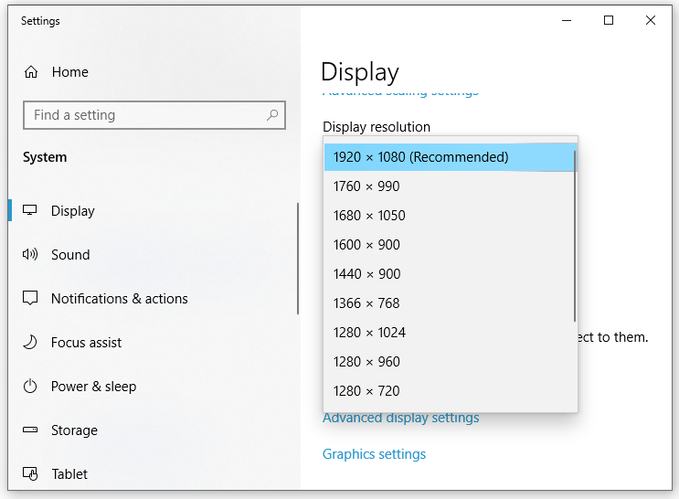   pumili ng mas mababang resolution ng display mula sa drop-down na menu