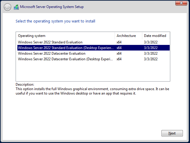   Windows Server 2022 Standard'ı (Masaüstü Deneyimi) seçin