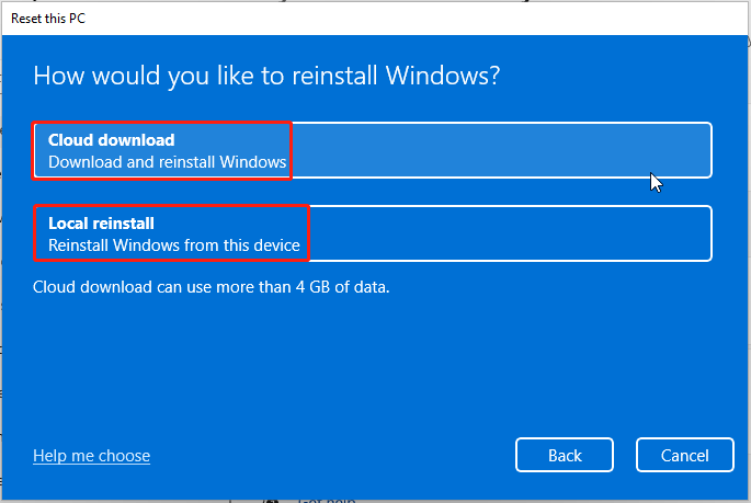   sélectionnez un moyen de réinstaller Windows