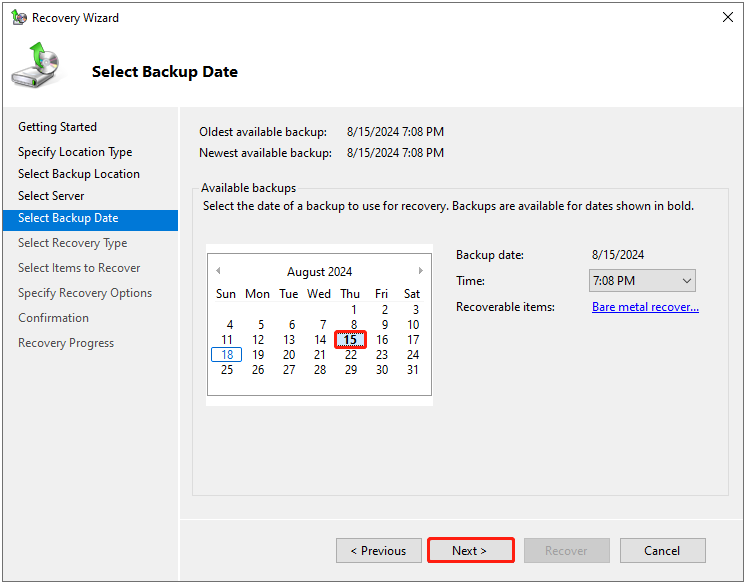   selecione a data de um backup para usar para recuperação