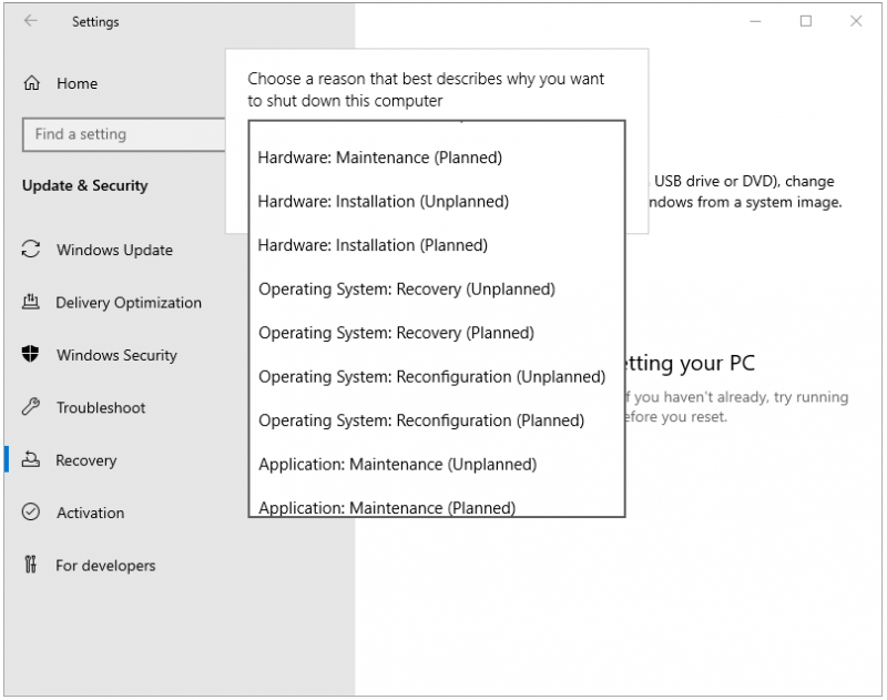   PCをシャットダウンする理由を選択してください