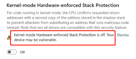 Fix 'Kernel-Mode Hardware-Enforced Stack Protection er slået fra'