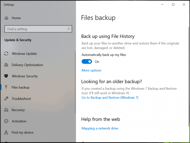   sikkerhedskopierer automatisk filer med Filhistorik Windows 10