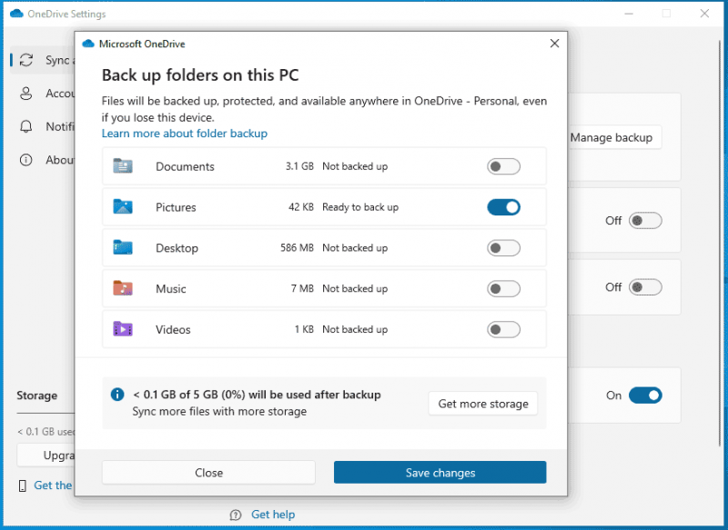   upravljajte mapama koje želite sigurnosno kopirati na OneDrive na stranici postavki